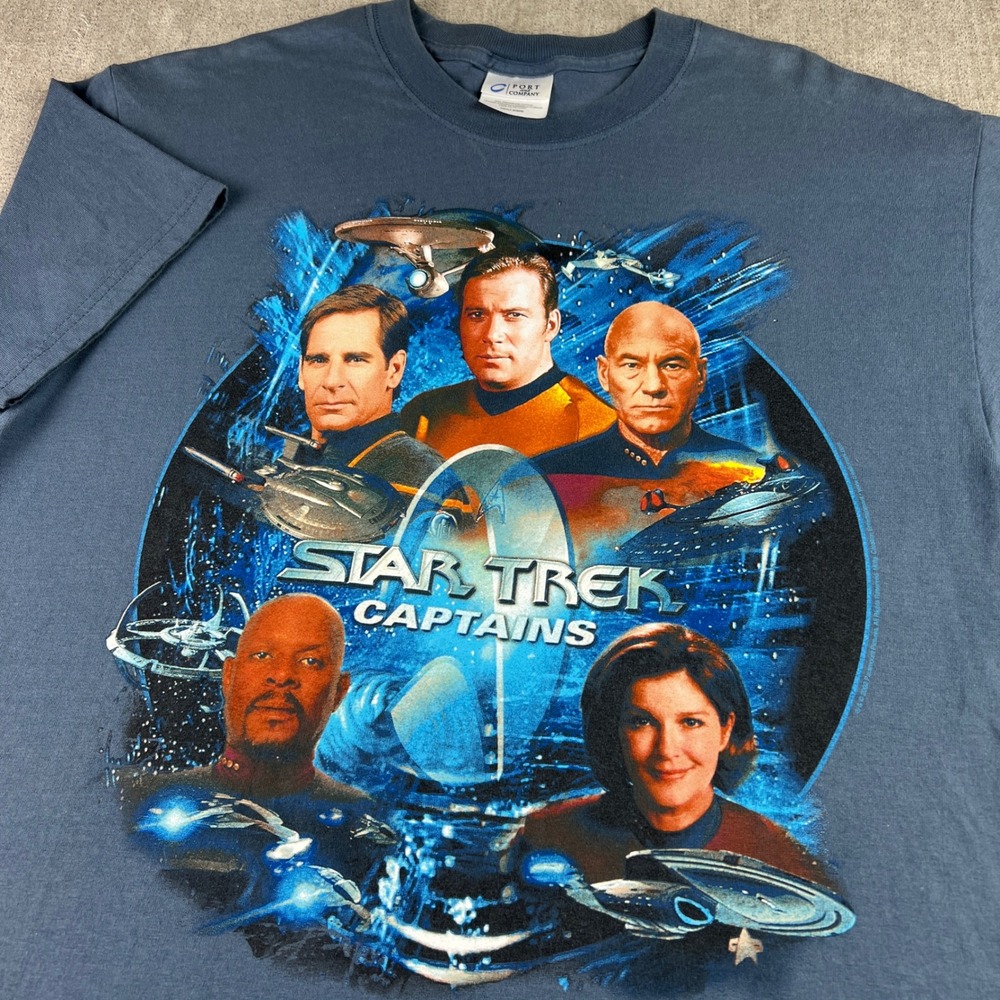 Vintage Star Trek Captains T-Shirt Mens Medium Blue 2002 Sci-Fi Movie Promo